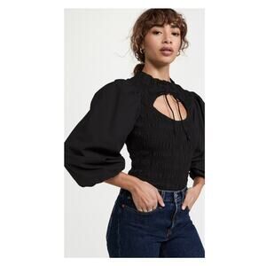 Love The Label Anthropologie Black Smocked Puff Sleeve Blouse Sz.S NWT